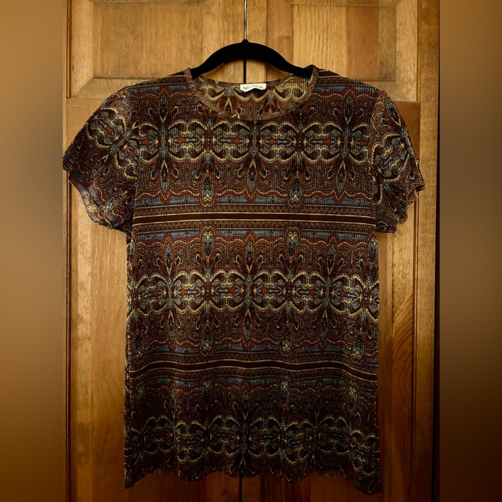 NICOLA Women’s Y2K/Early 2000s Crinkly Textured Patterned Blouse (Approx Sz M)